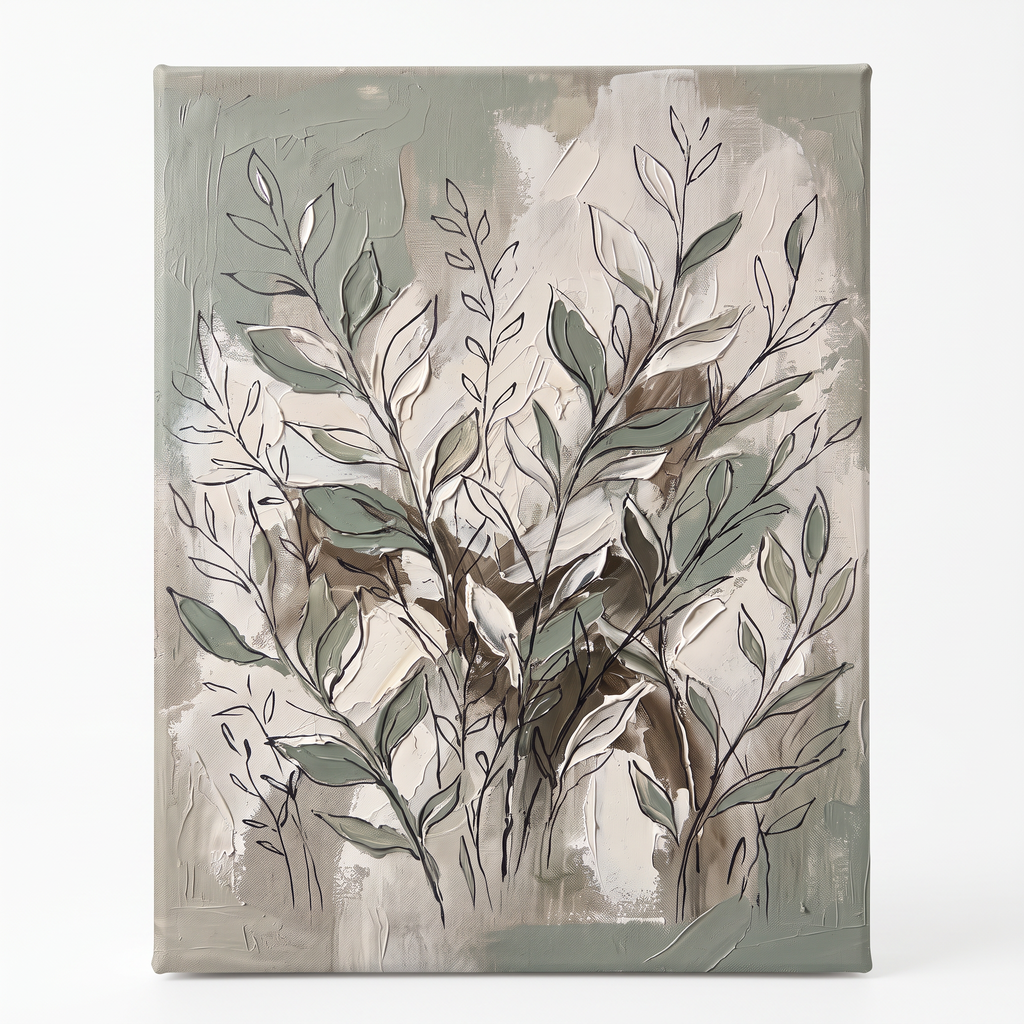 Sage Botanical Abstraction Canvas — abstract, abstract wall art, canvas wall art shown on a wall in a styled interior, view C1 (canvas print) | BloomWorld