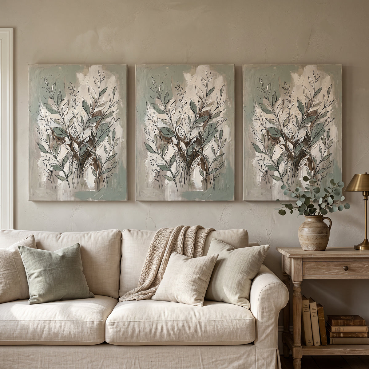 Sage Botanical Abstraction Canvas — abstract, abstract wall art, canvas wall art shown on a wall in a styled interior, view C3 (canvas print) | BloomWorld
