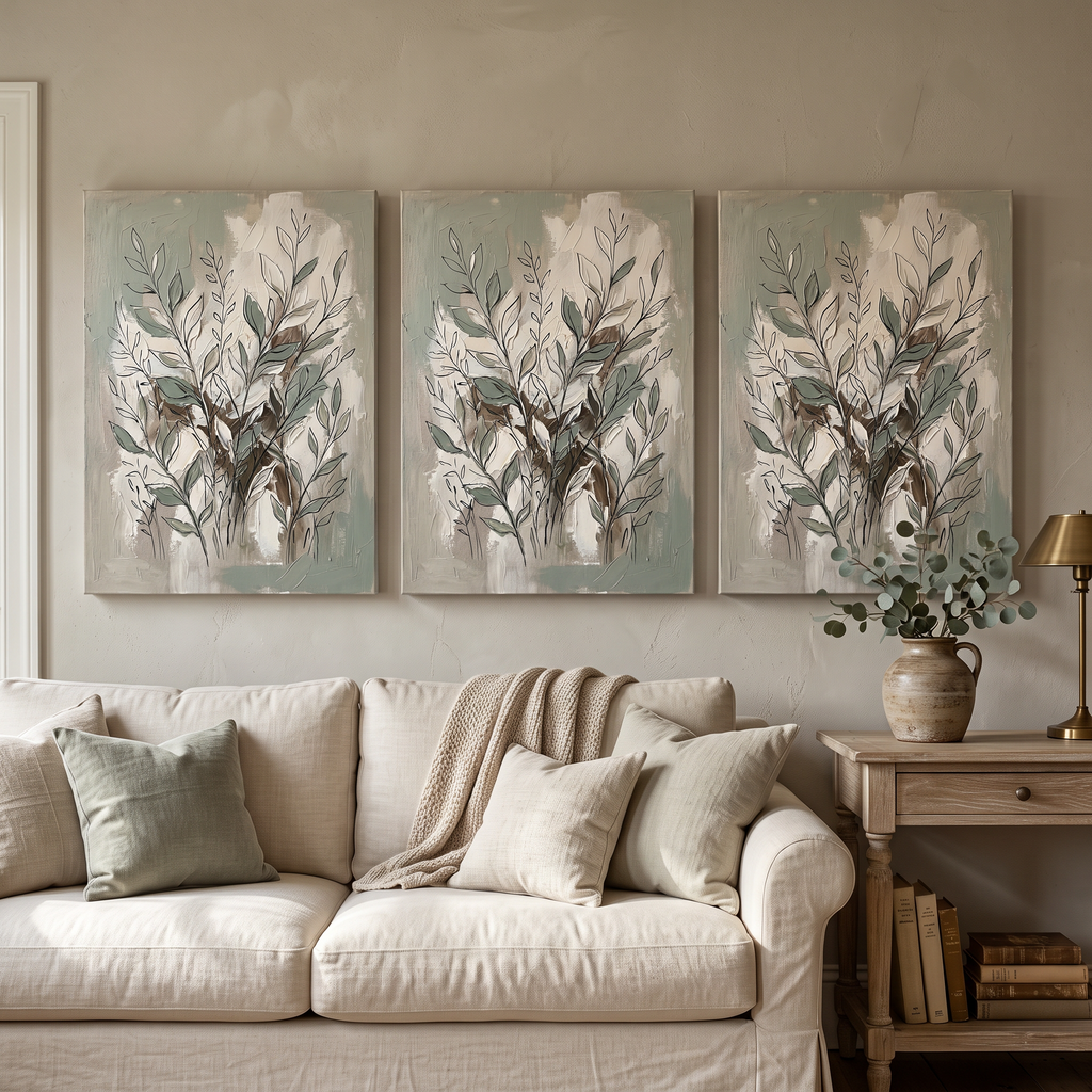 Sage Botanical Abstraction Canvas — abstract, abstract wall art, canvas wall art shown on a wall in a styled interior, view C3 (canvas print) | BloomWorld