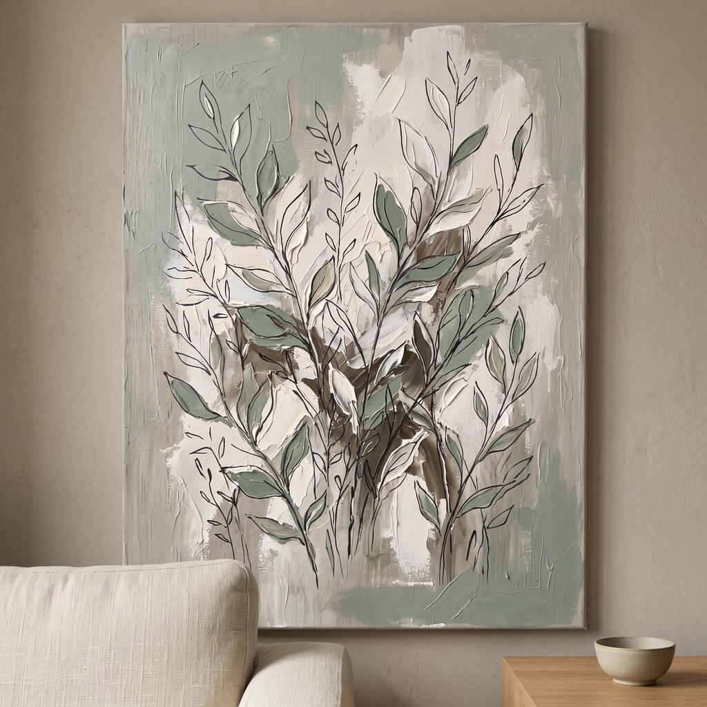 Sage Botanical Abstraction Canvas — abstract, abstract wall art, canvas wall art shown on a wall in a styled interior, view C8 (canvas print) | BloomWorld