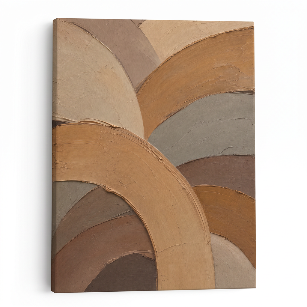 Caramel Impasto-Style Arcs Abstract Wall Art — abstract wall art, bedroom decor, canvas wall art shown on a wall in a styled interior, view C1 (canvas print) | B