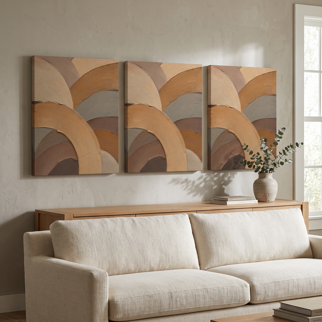 Caramel Impasto-Style Arcs Abstract Wall Art — abstract wall art, bedroom decor, canvas wall art shown on a wall in a styled interior, view C3 (canvas print) | B