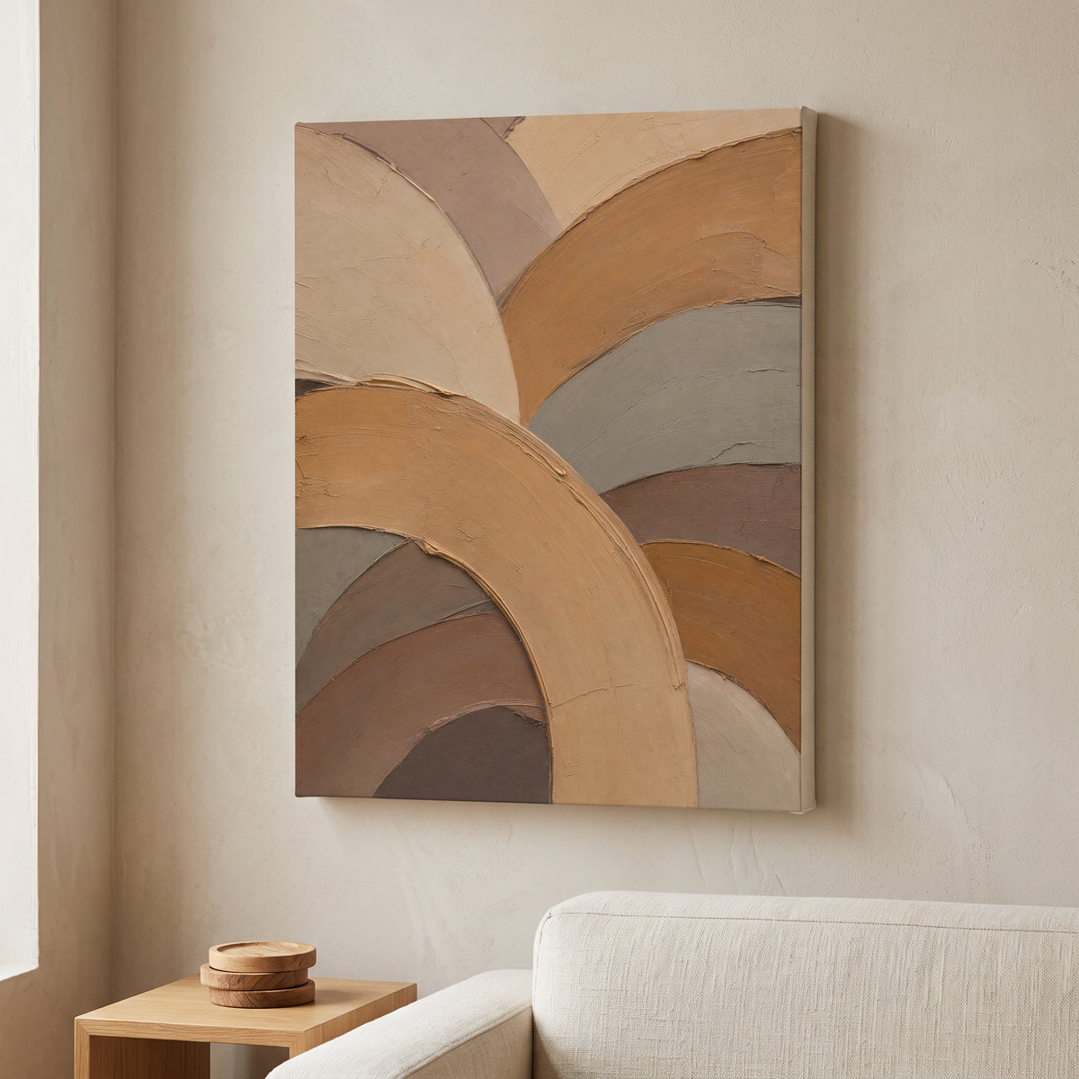 Caramel Impasto-Style Arcs Abstract Wall Art — abstract wall art, bedroom decor, canvas wall art shown on a wall in a styled interior, view C8 (canvas print) | B