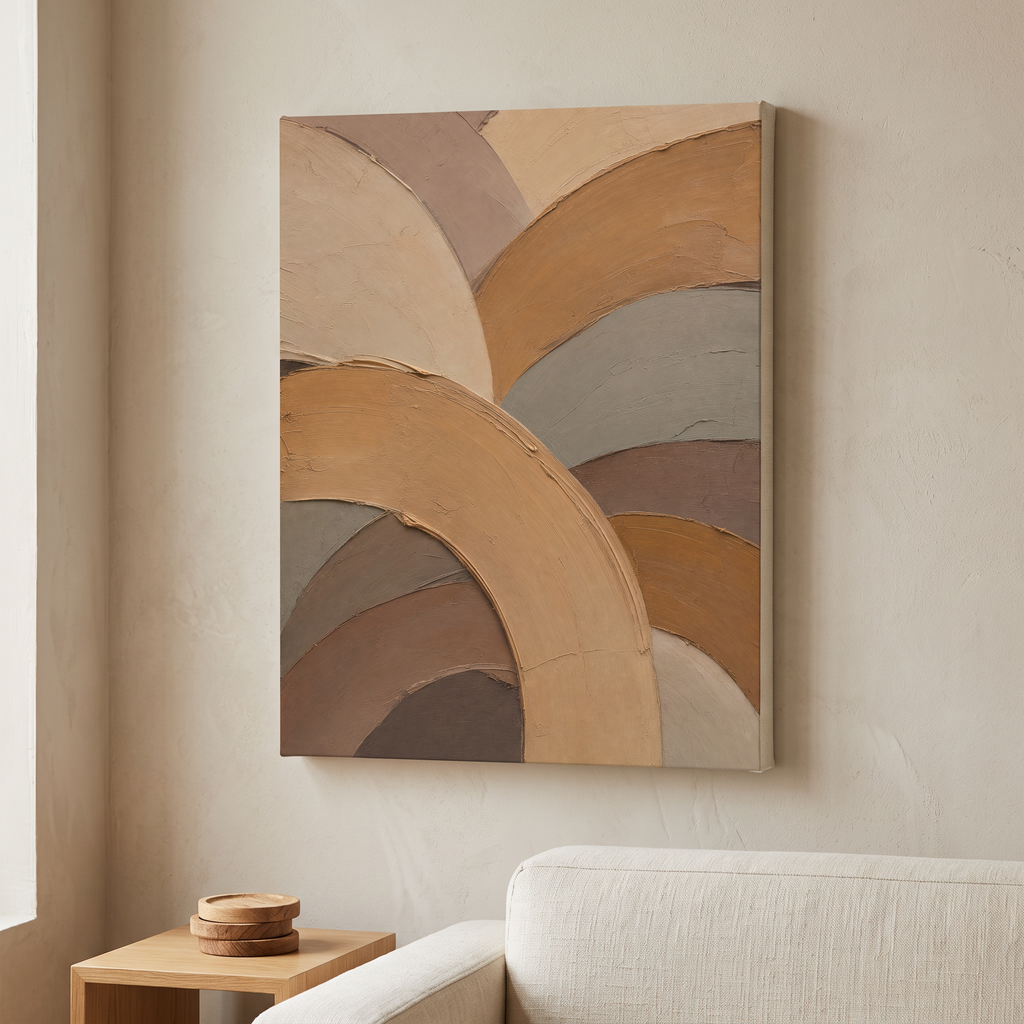 Caramel Impasto-Style Arcs Abstract Wall Art — abstract wall art, bedroom decor, canvas wall art shown on a wall in a styled interior, view C8 (canvas print) | B