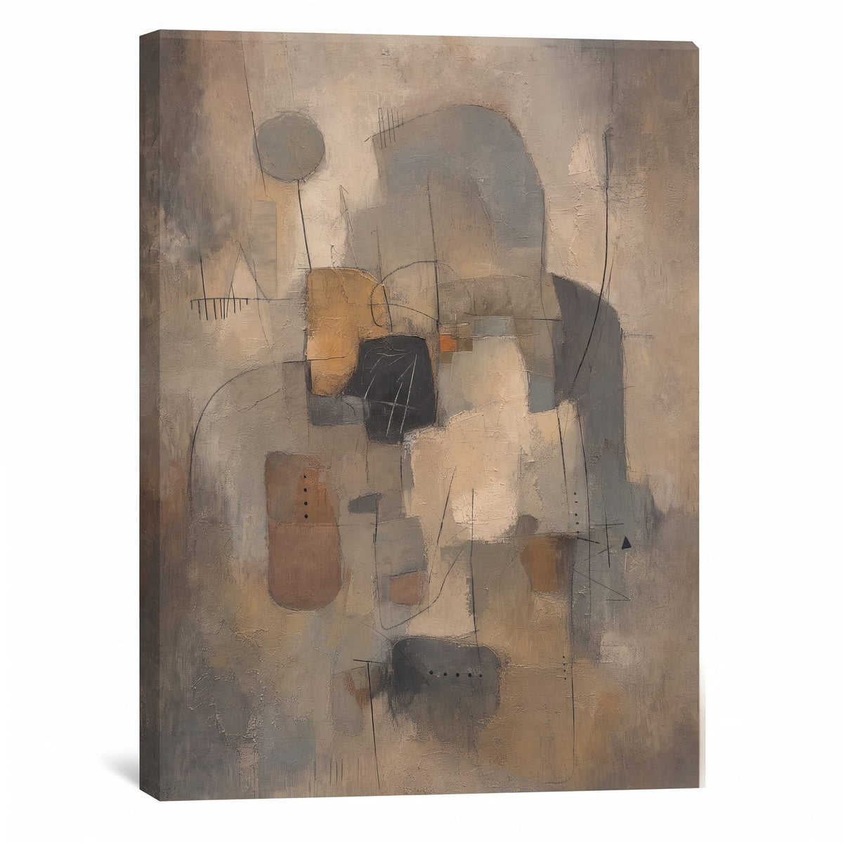 Warm Greige Geometric Blocks Abstract Canvas Print — abstract wall art, bedroom decor, canvas wall art shown on a wall in a styled interior, view C1 (canvas print) | Bloom