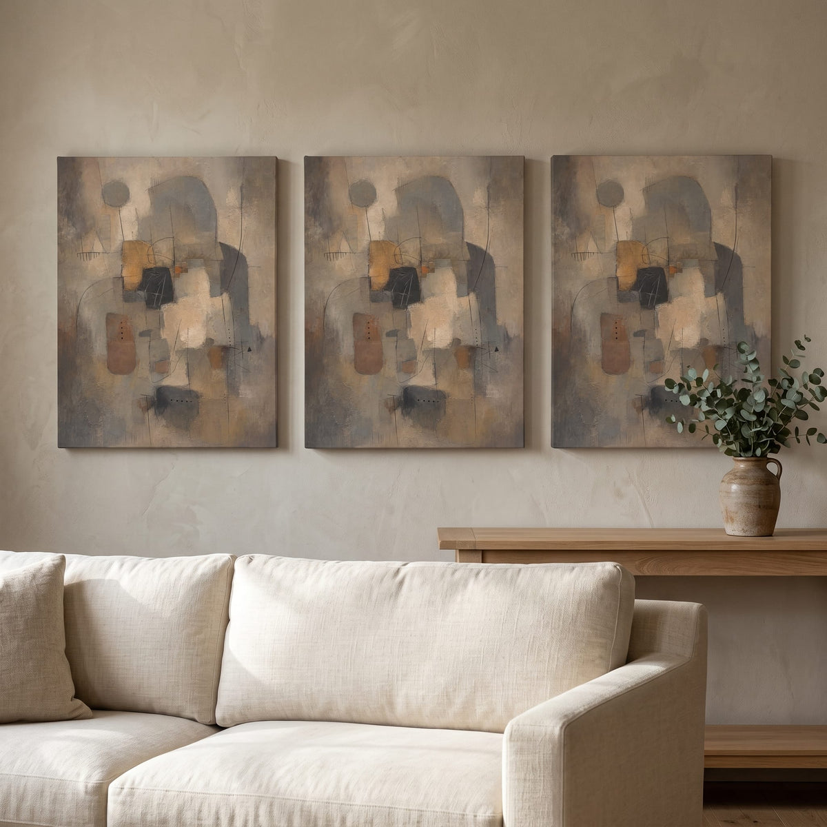 Warm Greige Geometric Blocks Abstract Canvas Print — abstract wall art, bedroom decor, canvas wall art shown on a wall in a styled interior, view C3 (canvas print) | Bloom