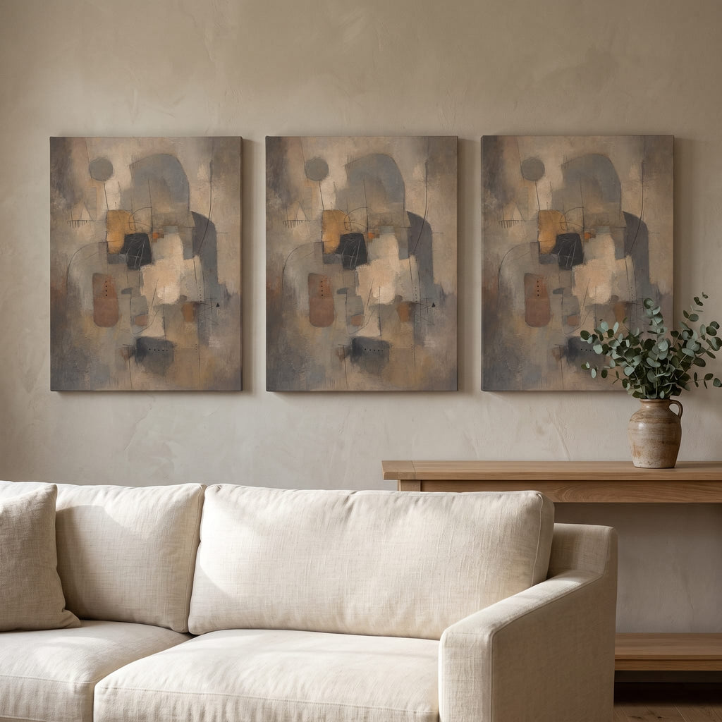 Warm Greige Geometric Blocks Abstract Canvas Print — abstract wall art, bedroom decor, canvas wall art shown on a wall in a styled interior, view C3 (canvas print) | Bloom