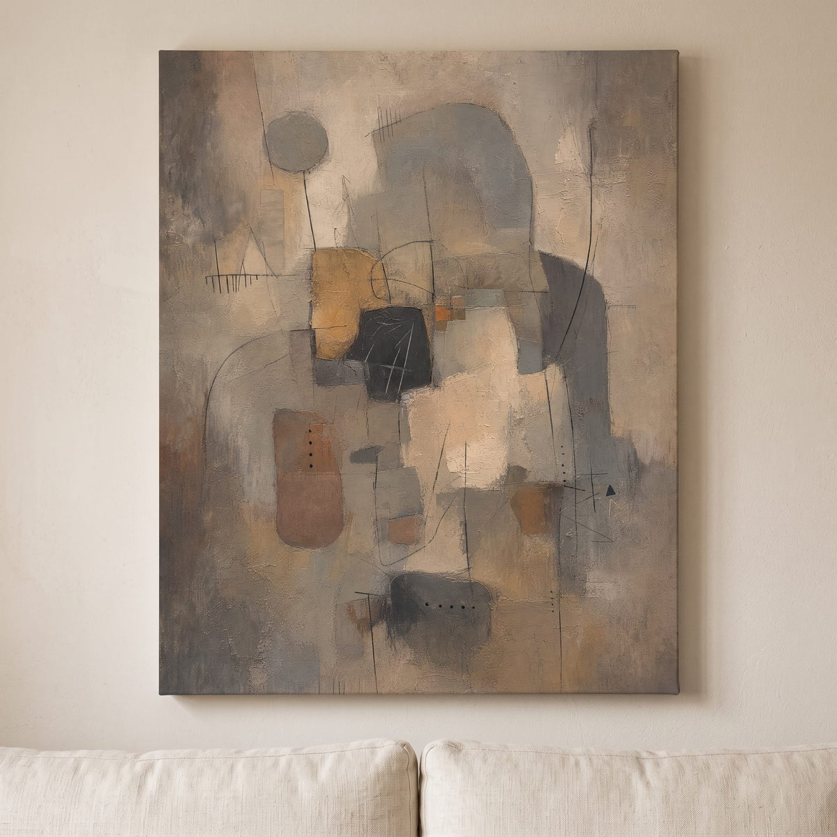 Warm Greige Geometric Blocks Abstract Canvas Print — abstract wall art, bedroom decor, canvas wall art shown on a wall in a styled interior, view C8 (canvas print) | Bloom