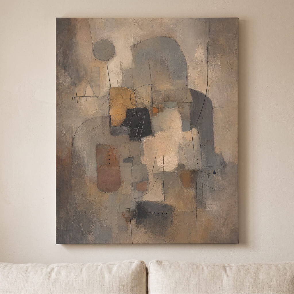 Warm Greige Geometric Blocks Abstract Canvas Print — abstract wall art, bedroom decor, canvas wall art shown on a wall in a styled interior, view C8 (canvas print) | Bloom