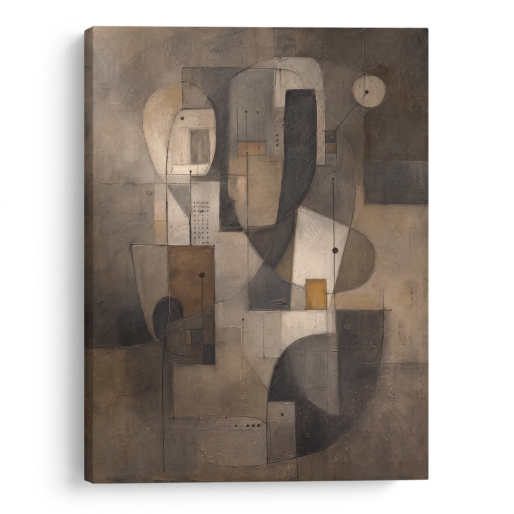 Earth Tone Geometric Abstract Canvas Print — abstract wall art, bedroom decor, canvas wall art shown on a wall in a styled interior, view C1 (canvas print) |