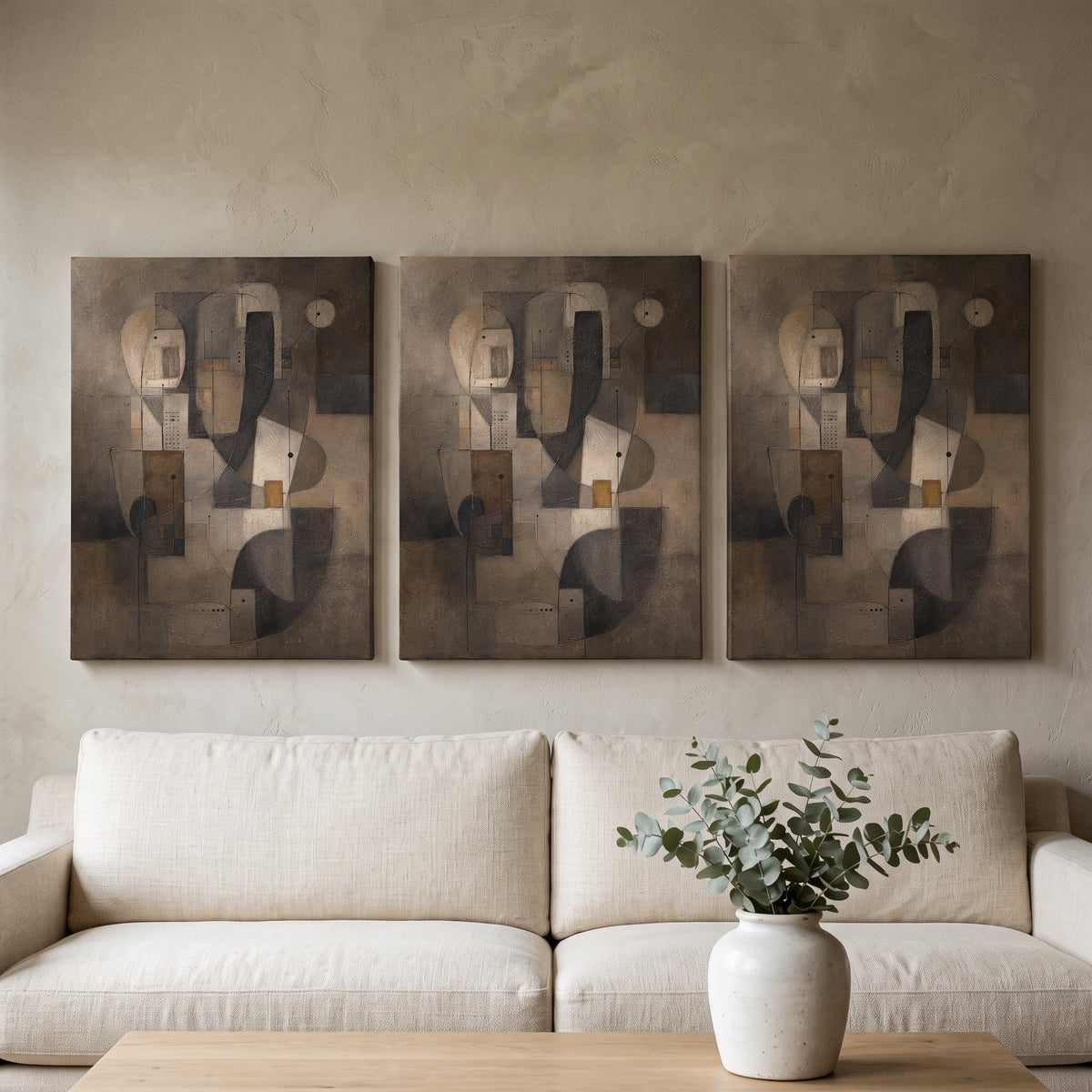 Earth Tone Geometric Abstract Canvas Print — abstract wall art, bedroom decor, canvas wall art shown on a wall in a styled interior, view C3 (canvas print) |