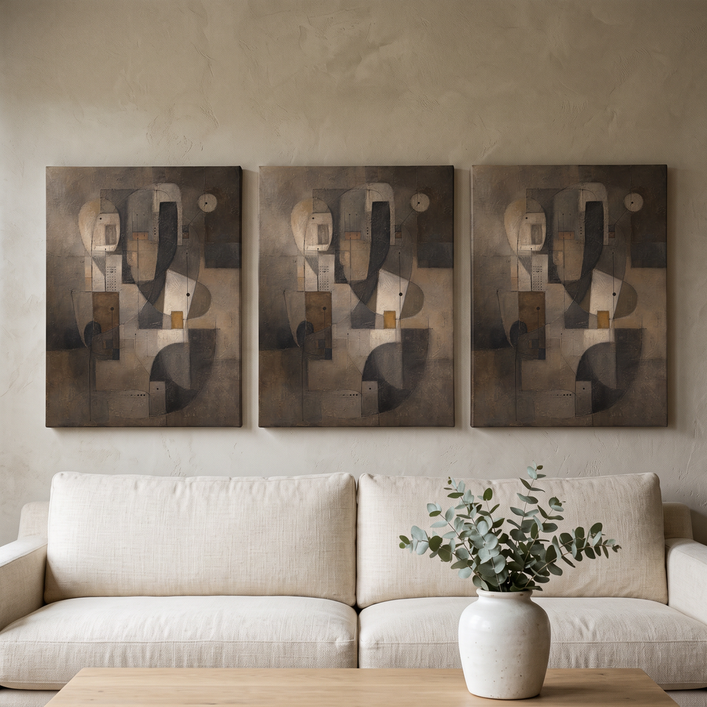 Earth Tone Geometric Abstract Canvas Print — abstract wall art, bedroom decor, canvas wall art shown on a wall in a styled interior, view C3 (canvas print) |