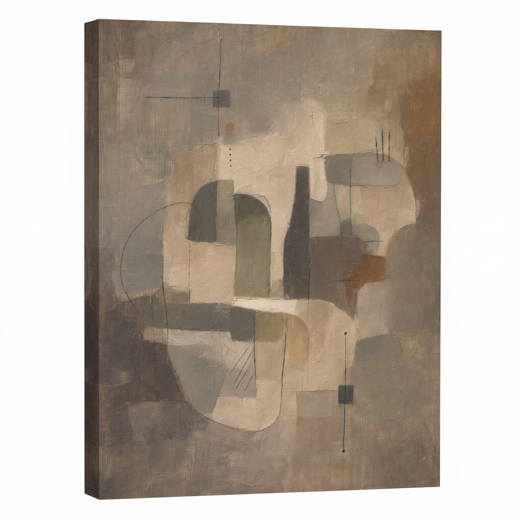 Warm Neutral Geometric Abstract Canvas Print — abstract wall art, bedroom decor, canvas wall art shown on a wall in a styled interior, view C1 (canvas print) | BloomWorld