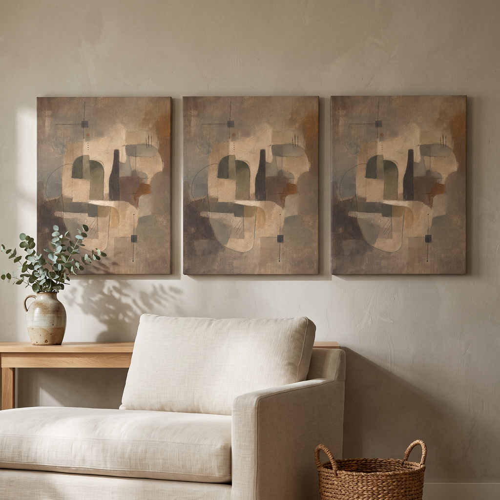 Warm Neutral Geometric Abstract Canvas Print — abstract wall art, bedroom decor, canvas wall art shown on a wall in a styled interior, view C3 (canvas print) | BloomWorld