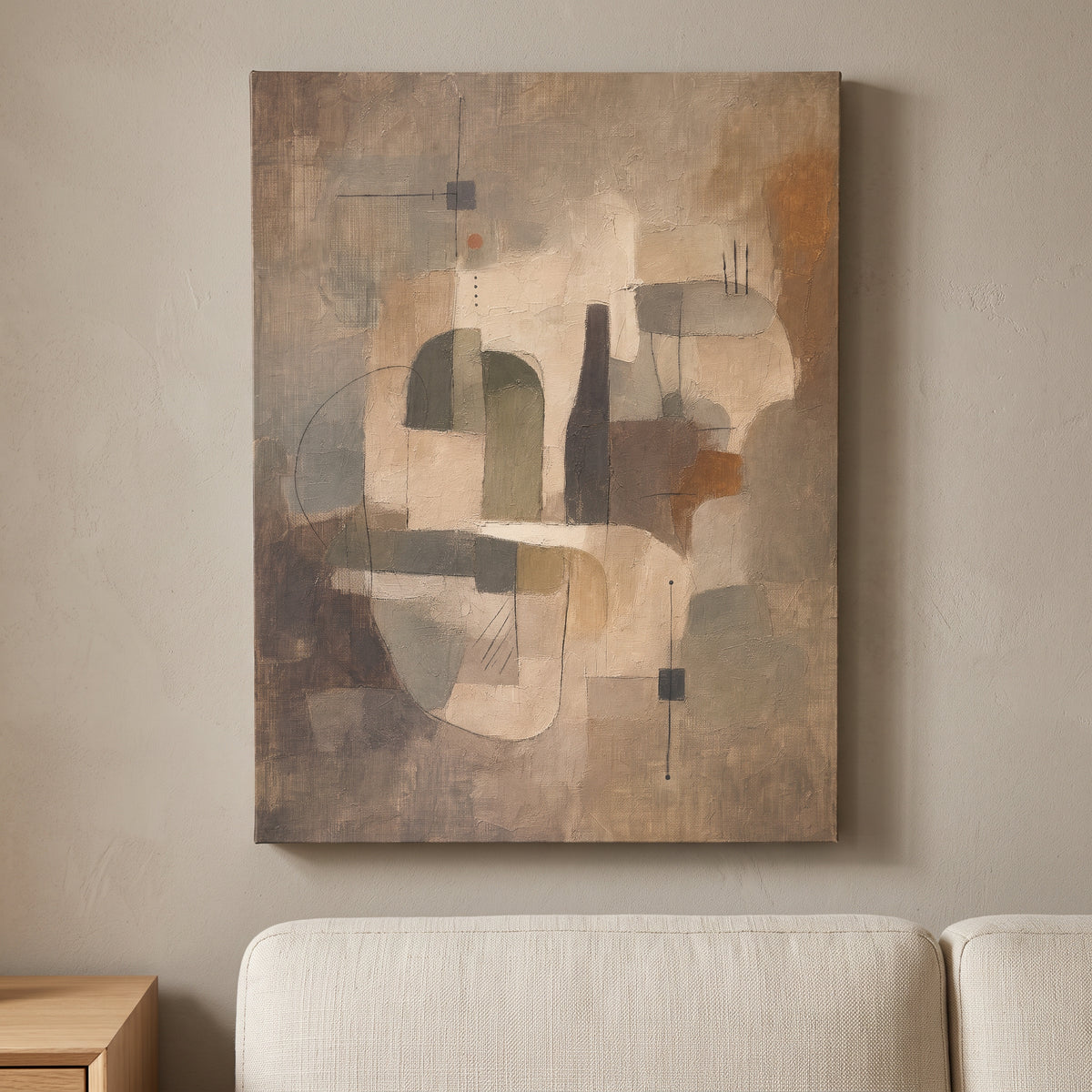 Warm Neutral Geometric Abstract Canvas Print — abstract wall art, bedroom decor, canvas wall art shown on a wall in a styled interior, view C8 (canvas print) | BloomWorld