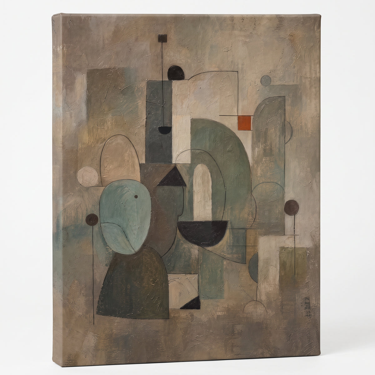 Warm Neutral Geometric Circles Abstract Canvas Print — abstract wall art, bedroom decor, canvas wall art shown on a wall in a styled interior, view C1 (canvas print)