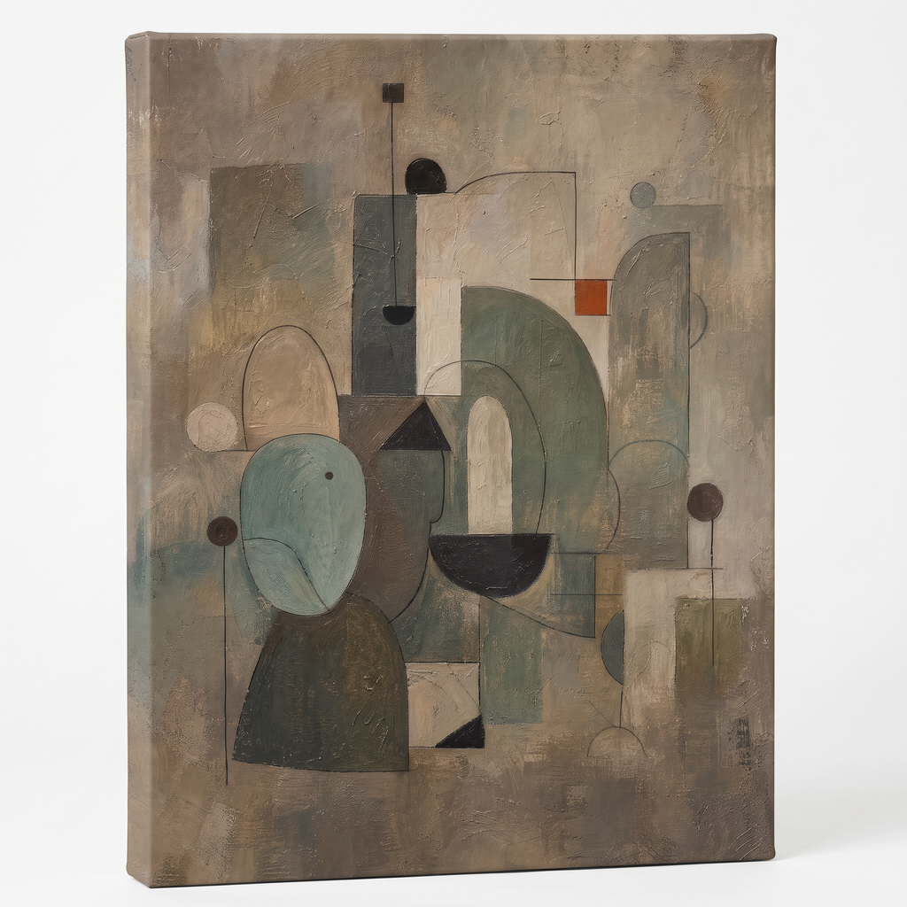 Warm Neutral Geometric Circles Abstract Canvas Print — abstract wall art, bedroom decor, canvas wall art shown on a wall in a styled interior, view C1 (canvas print)