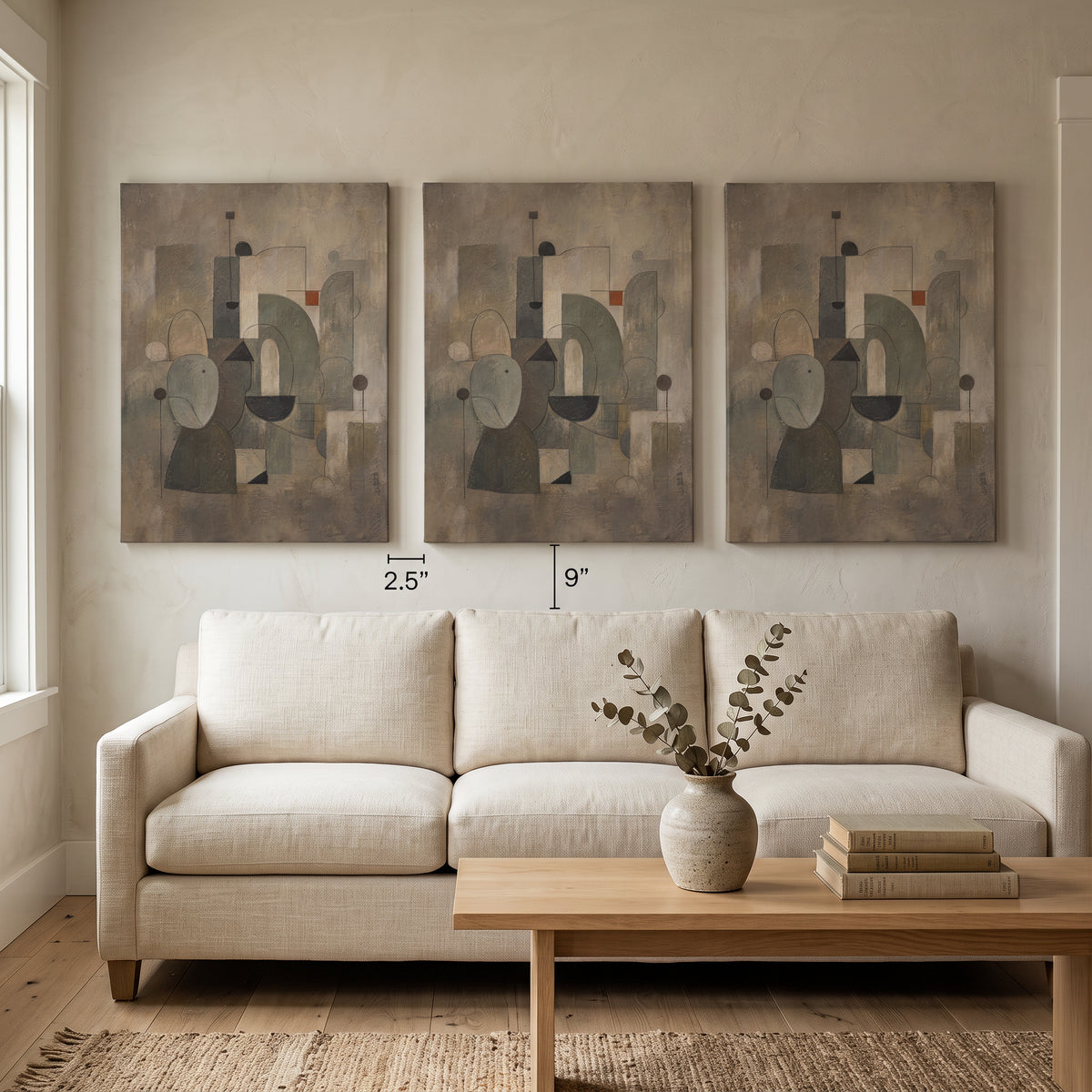 Warm Neutral Geometric Circles Abstract Canvas Print — abstract wall art, bedroom decor, canvas wall art shown on a wall in a styled interior, view C3 (canvas print)