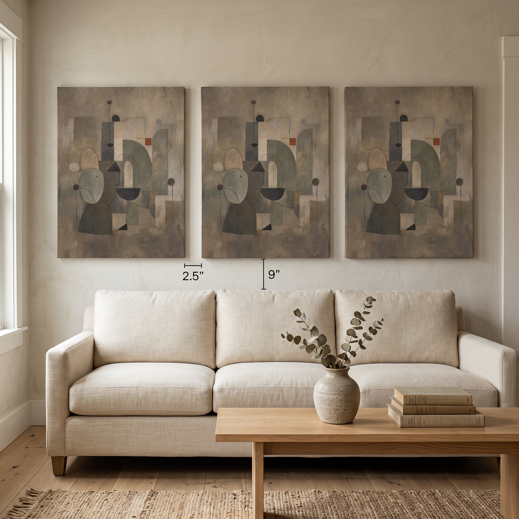 Warm Neutral Geometric Circles Abstract Canvas Print — abstract wall art, bedroom decor, canvas wall art shown on a wall in a styled interior, view C3 (canvas print)