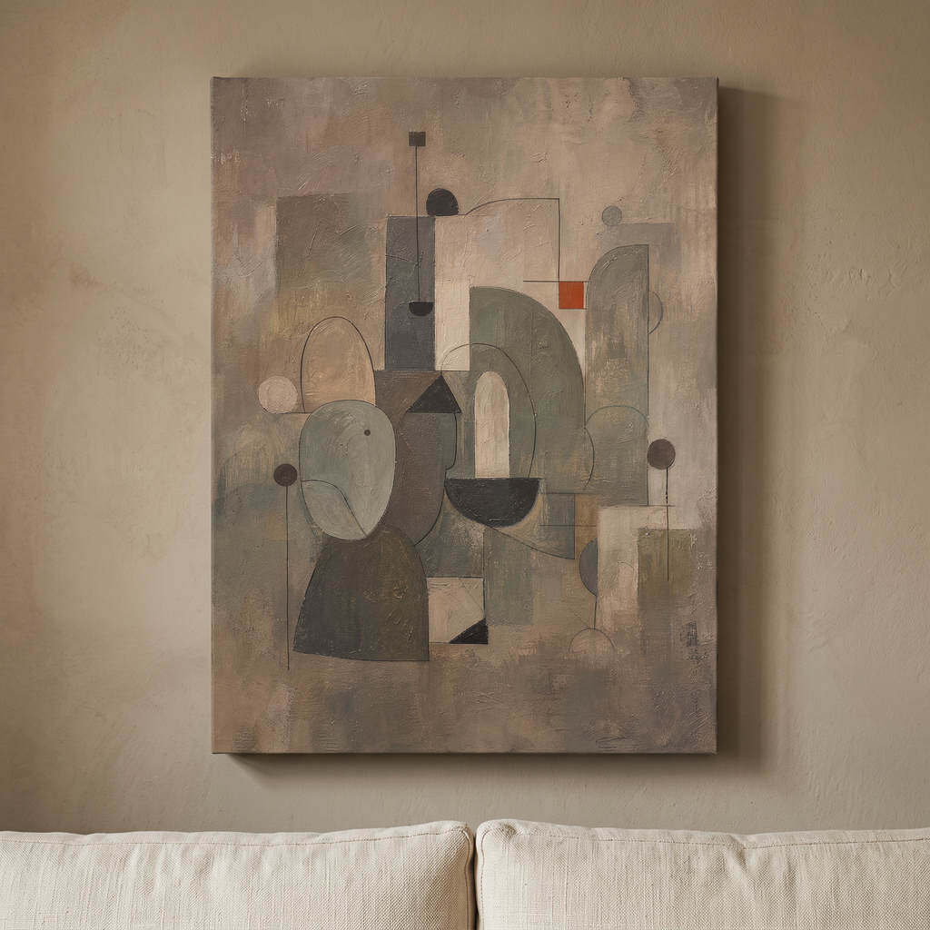 Warm Neutral Geometric Circles Abstract Canvas Print — abstract wall art, bedroom decor, canvas wall art shown on a wall in a styled interior, view C8 (canvas print)