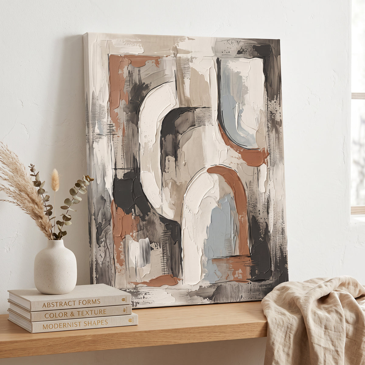 Large Abstract Wall Art For Living Room — abstract wall art, boho wall art, canvas wall art shown on a wall in a styled interior, view C10 (canvas print) |