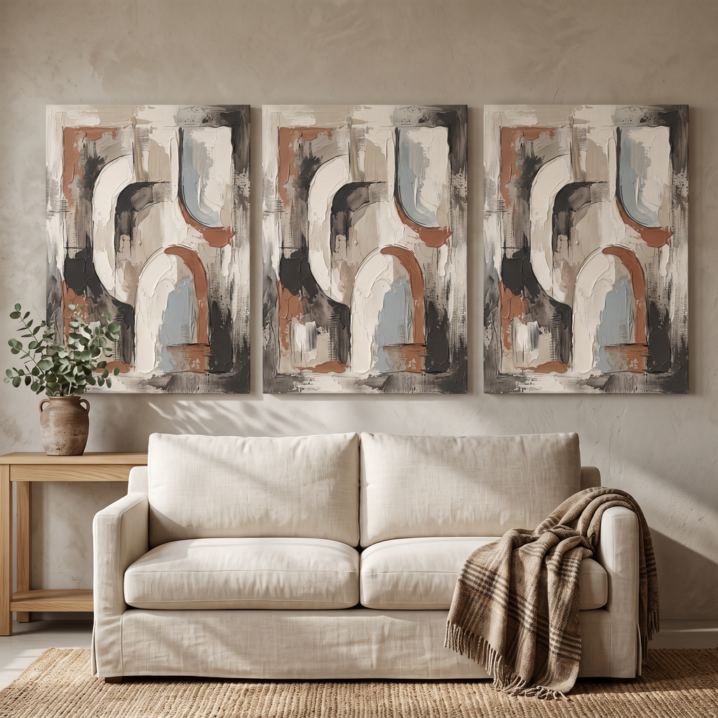 Large Abstract Wall Art For Living Room — abstract wall art, boho wall art, canvas wall art shown on a wall in a styled interior, view C3 (canvas print) |