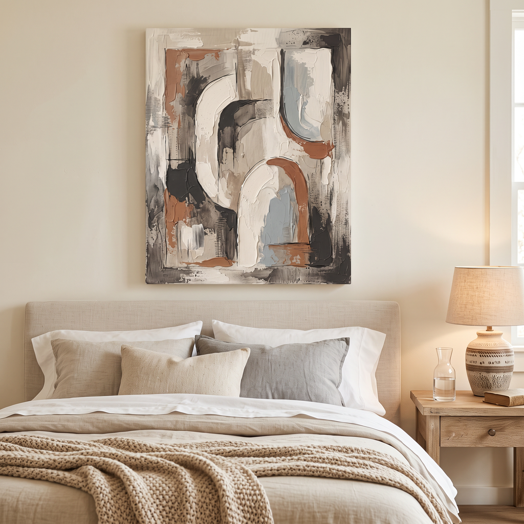 Large Abstract Wall Art For Living Room — abstract wall art, boho wall art, canvas wall art shown on a wall in a styled interior, view C4 (canvas print) |