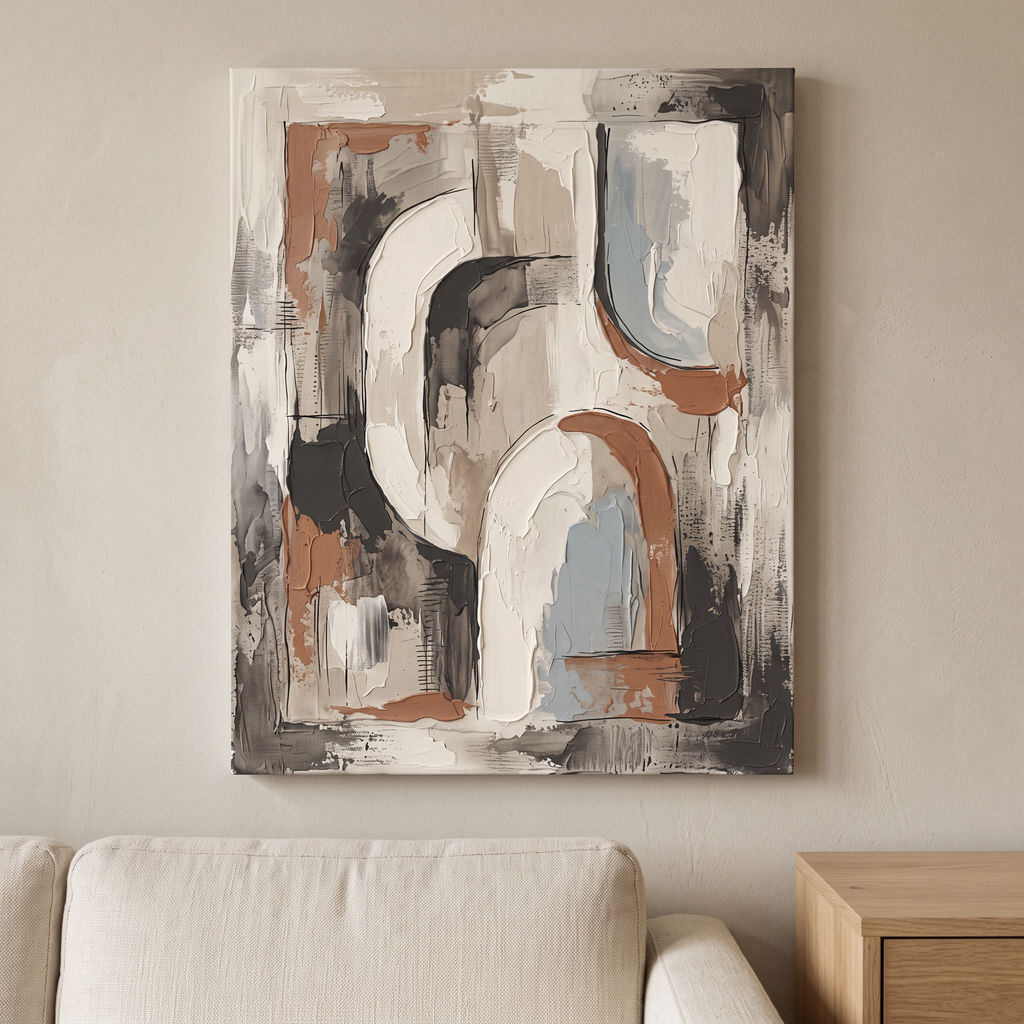 Large Abstract Wall Art For Living Room — abstract wall art, boho wall art, canvas wall art shown on a wall in a styled interior, view C8 (canvas print) |