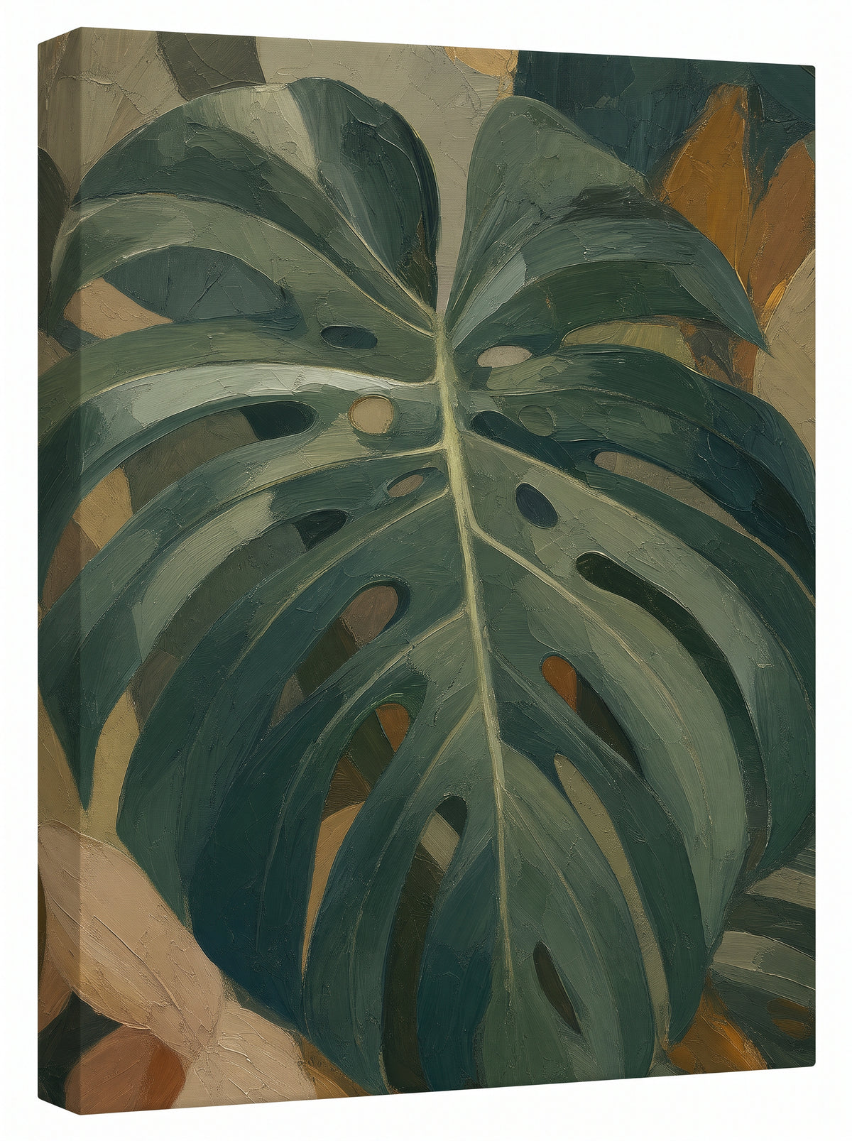 Monstera Leaf Wall Art — bedroom decor, botanical wall art, canvas wall art shown on a wall in a styled interior, view C1 (tropical botanical) | BloomWorld Art