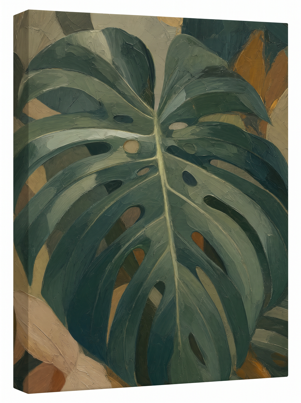 Monstera Leaf Wall Art — bedroom decor, botanical wall art, canvas wall art shown on a wall in a styled interior, view C1 (tropical botanical) | BloomWorld Art