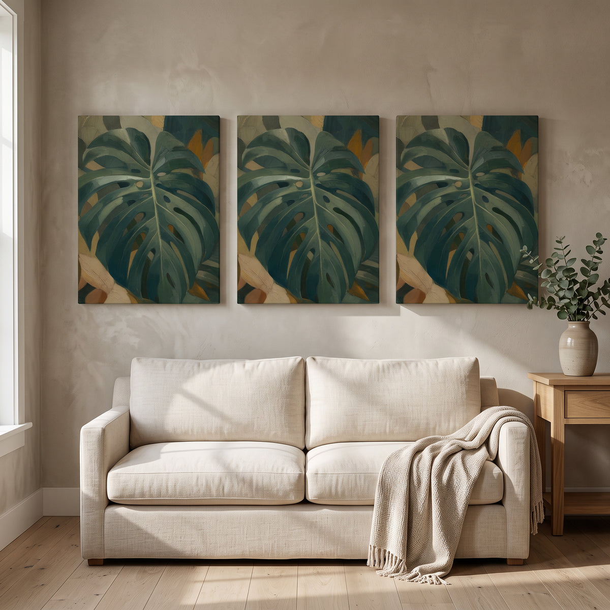 Monstera Leaf Wall Art — bedroom decor, botanical wall art, canvas wall art shown on a wall in a styled interior, view C3 (tropical botanical) | BloomWorld Art