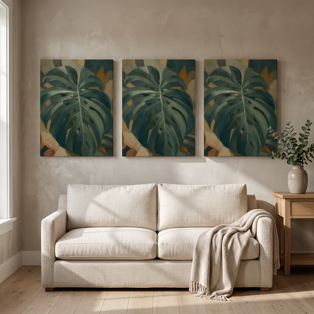 Monstera Leaf Wall Art — bedroom decor, botanical wall art, canvas wall art shown on a wall in a styled interior, view C3 (tropical botanical) | BloomWorld Art