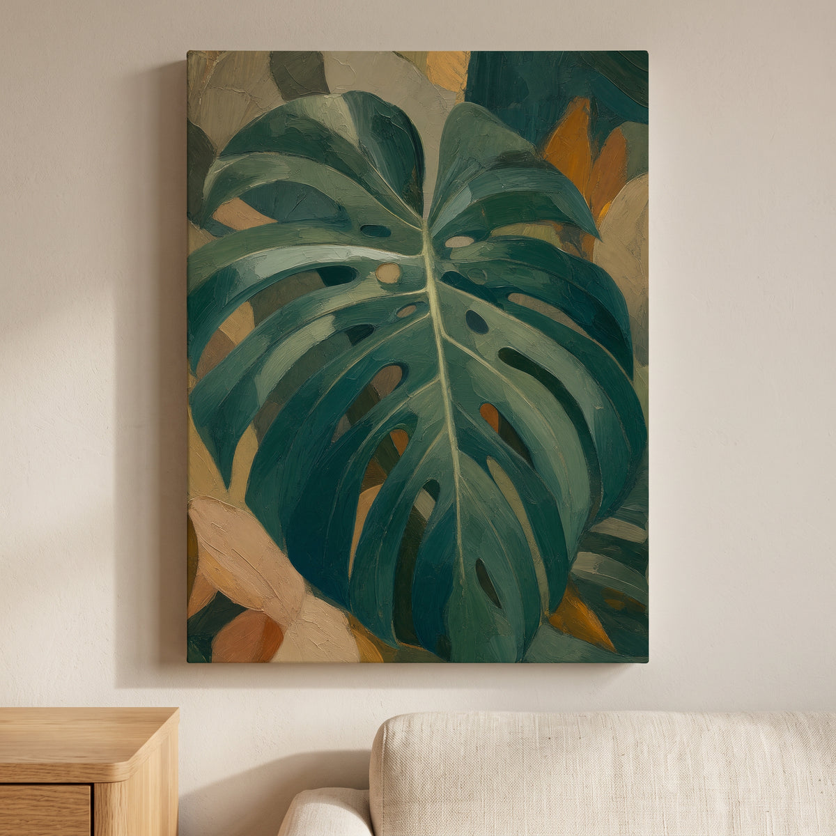 Monstera Leaf Wall Art — bedroom decor, botanical wall art, canvas wall art shown on a wall in a styled interior, view C8 (tropical botanical) | BloomWorld Art