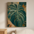 Monstera Leaf Wall Art — bedroom decor, botanical wall art, canvas wall art shown on a wall in a styled interior, view C8 (tropical botanical) | BloomWorld Art