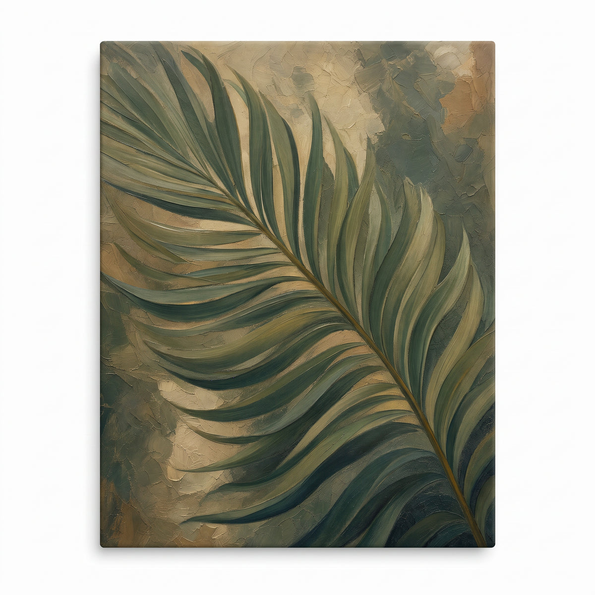 Palm Frond Wall Art — bedroom decor, botanical wall art, canvas wall art shown on a wall in a styled interior, view C1 (tropical botanical) | BloomWorld Art
