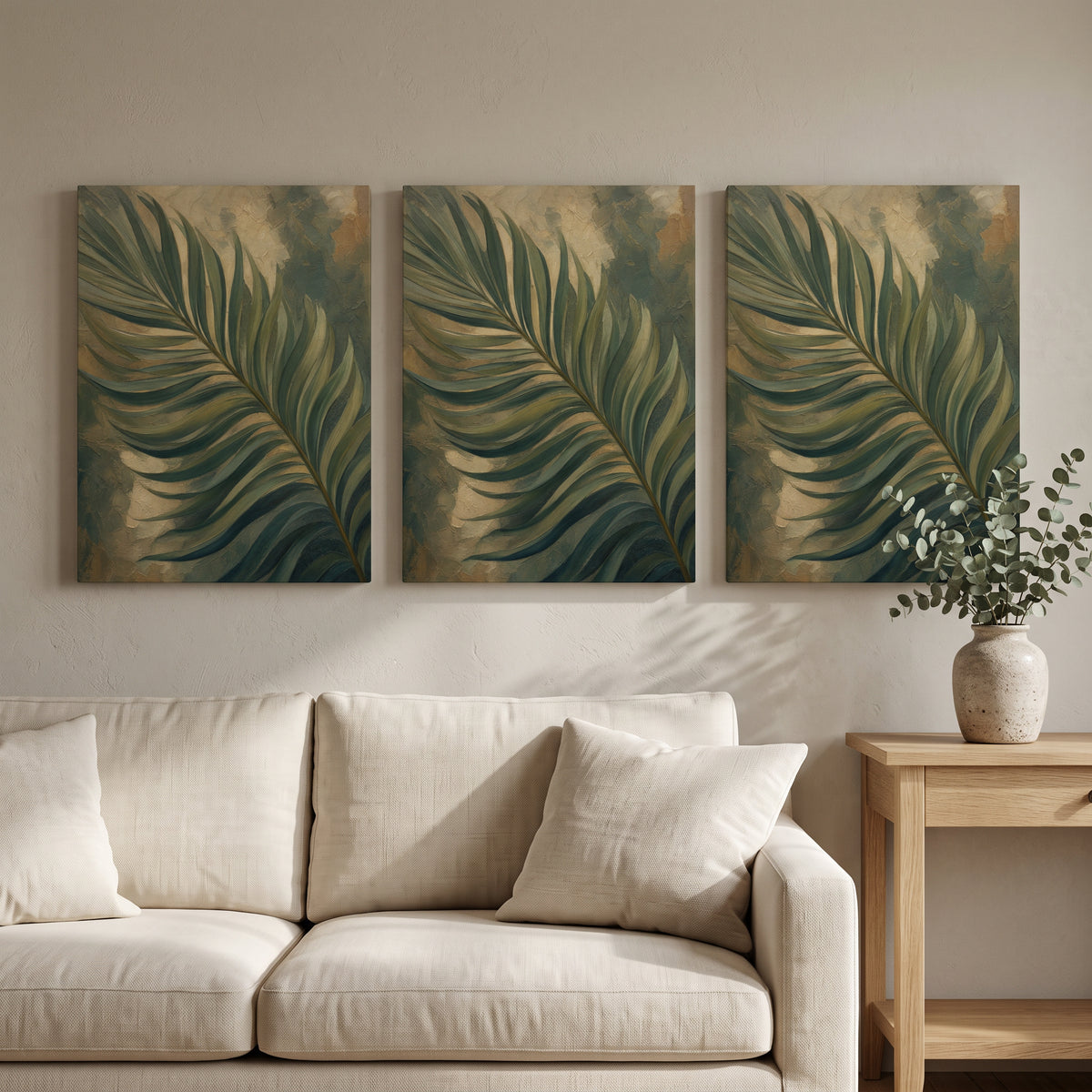 Palm Frond Wall Art — bedroom decor, botanical wall art, canvas wall art shown on a wall in a styled interior, view C3 (tropical botanical) | BloomWorld Art