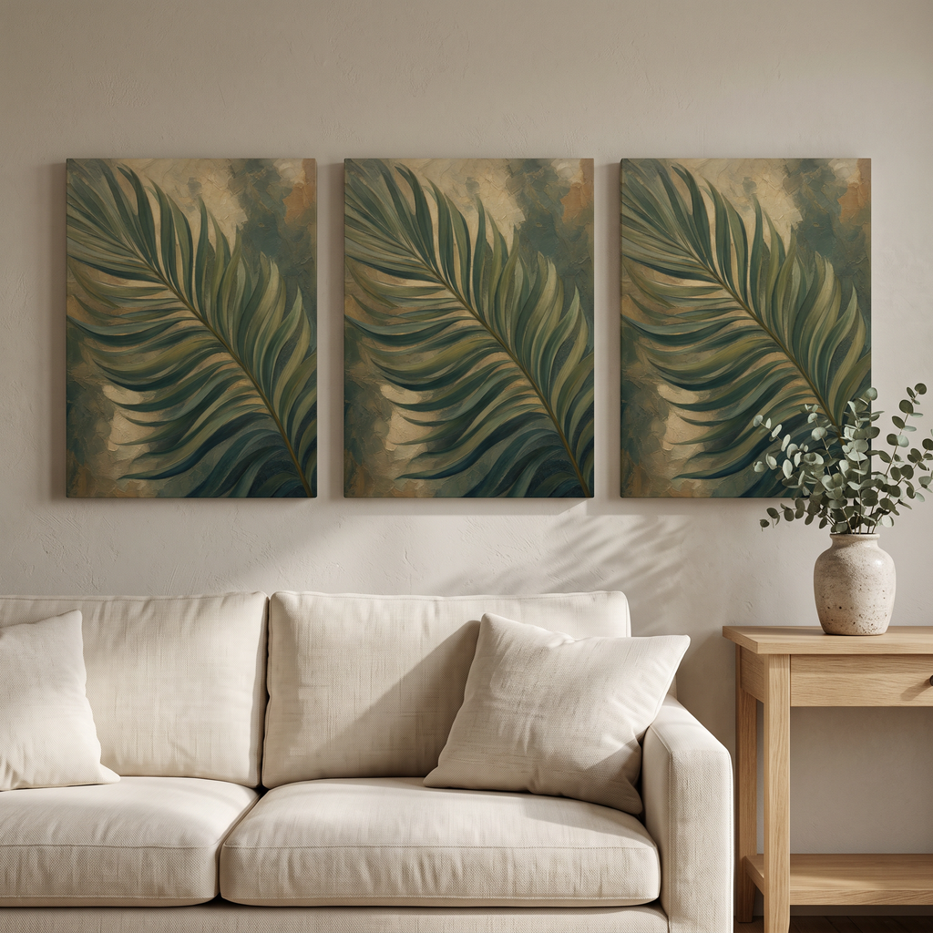 Palm Frond Wall Art — bedroom decor, botanical wall art, canvas wall art shown on a wall in a styled interior, view C3 (tropical botanical) | BloomWorld Art