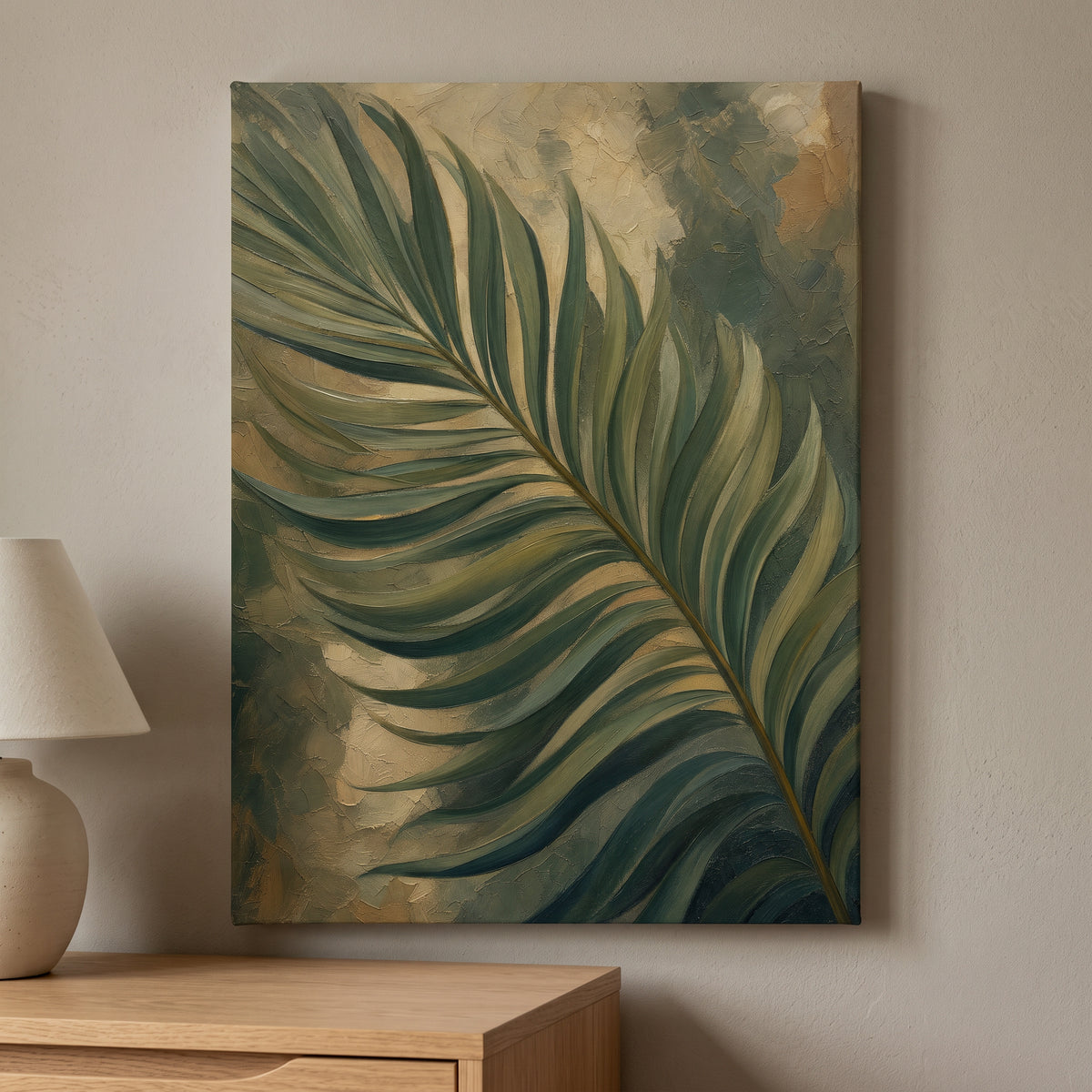 Palm Frond Wall Art — bedroom decor, botanical wall art, canvas wall art shown on a wall in a styled interior, view C8 (tropical botanical) | BloomWorld Art