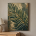 Palm Frond Wall Art — bedroom decor, botanical wall art, canvas wall art shown on a wall in a styled interior, view C8 (tropical botanical) | BloomWorld Art