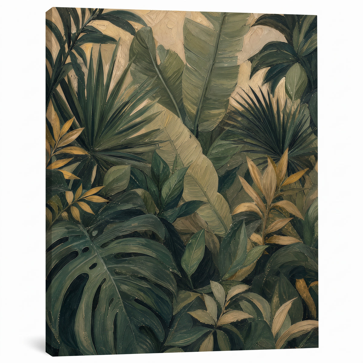 Tropical Jungle Layer Wall Art — bedroom decor, botanical wall art, canvas wall art shown on a wall in a styled interior, view C1 (tropical botanical) | BloomWo