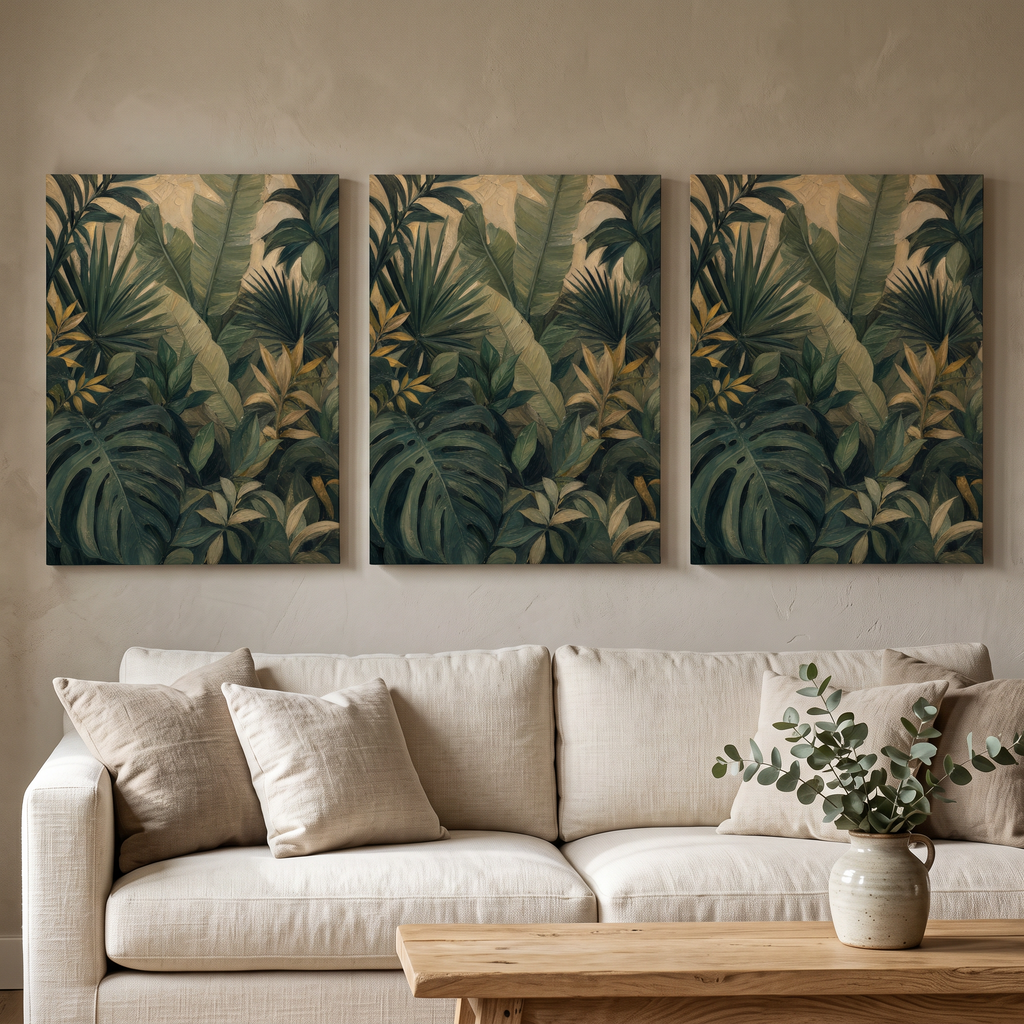 Tropical Jungle Layer Wall Art — bedroom decor, botanical wall art, canvas wall art shown on a wall in a styled interior, view C3 (tropical botanical) | BloomWo