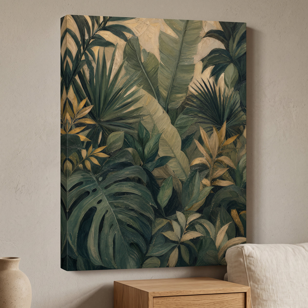 Tropical Jungle Layer Wall Art — bedroom decor, botanical wall art, canvas wall art shown on a wall in a styled interior, view C8 (tropical botanical) | BloomWo