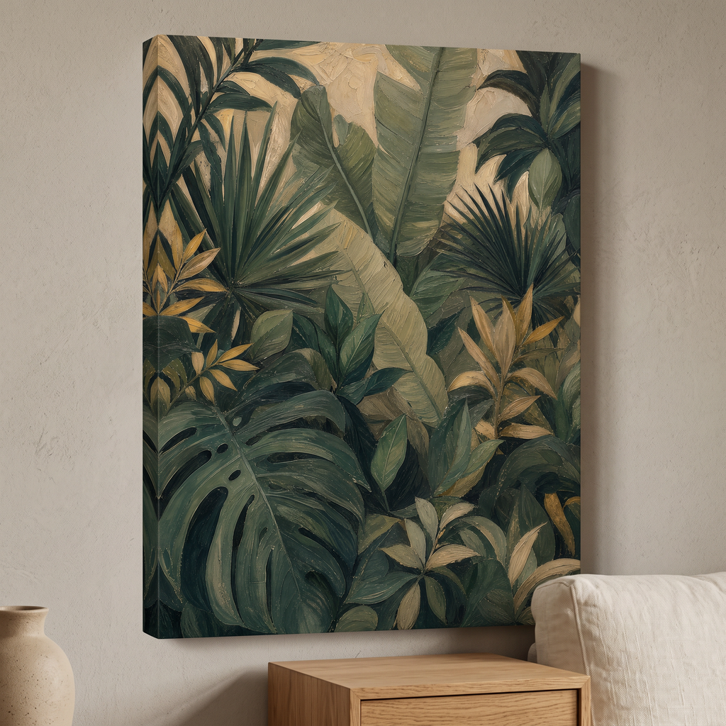 Tropical Jungle Layer Wall Art — bedroom decor, botanical wall art, canvas wall art shown on a wall in a styled interior, view C8 (tropical botanical) | BloomWo