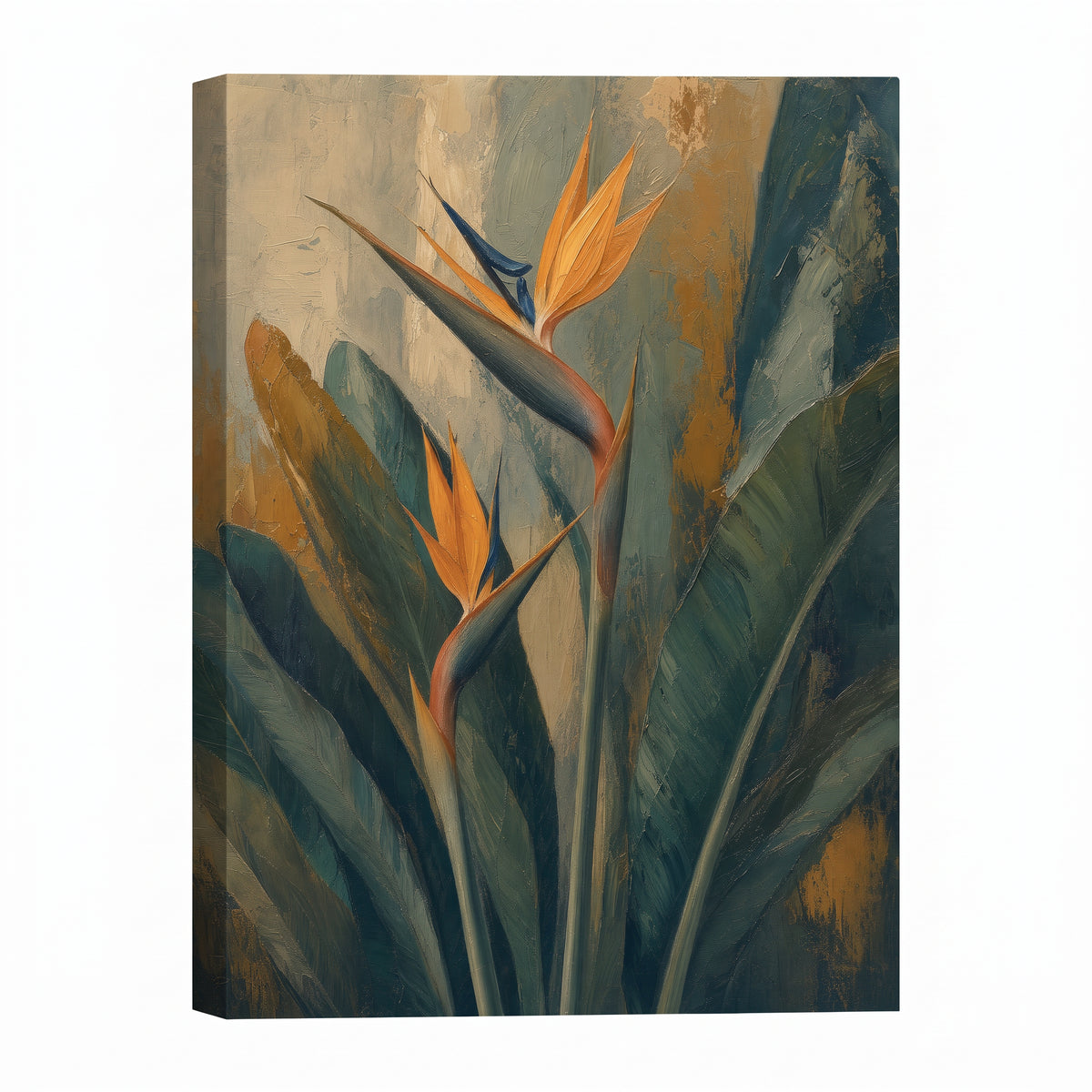 Bird Of Paradise Wall Art — bedroom decor, bird of paradise, canvas wall art shown on a wall in a styled interior, view C1 (tropical botanical) | BloomWorld Art