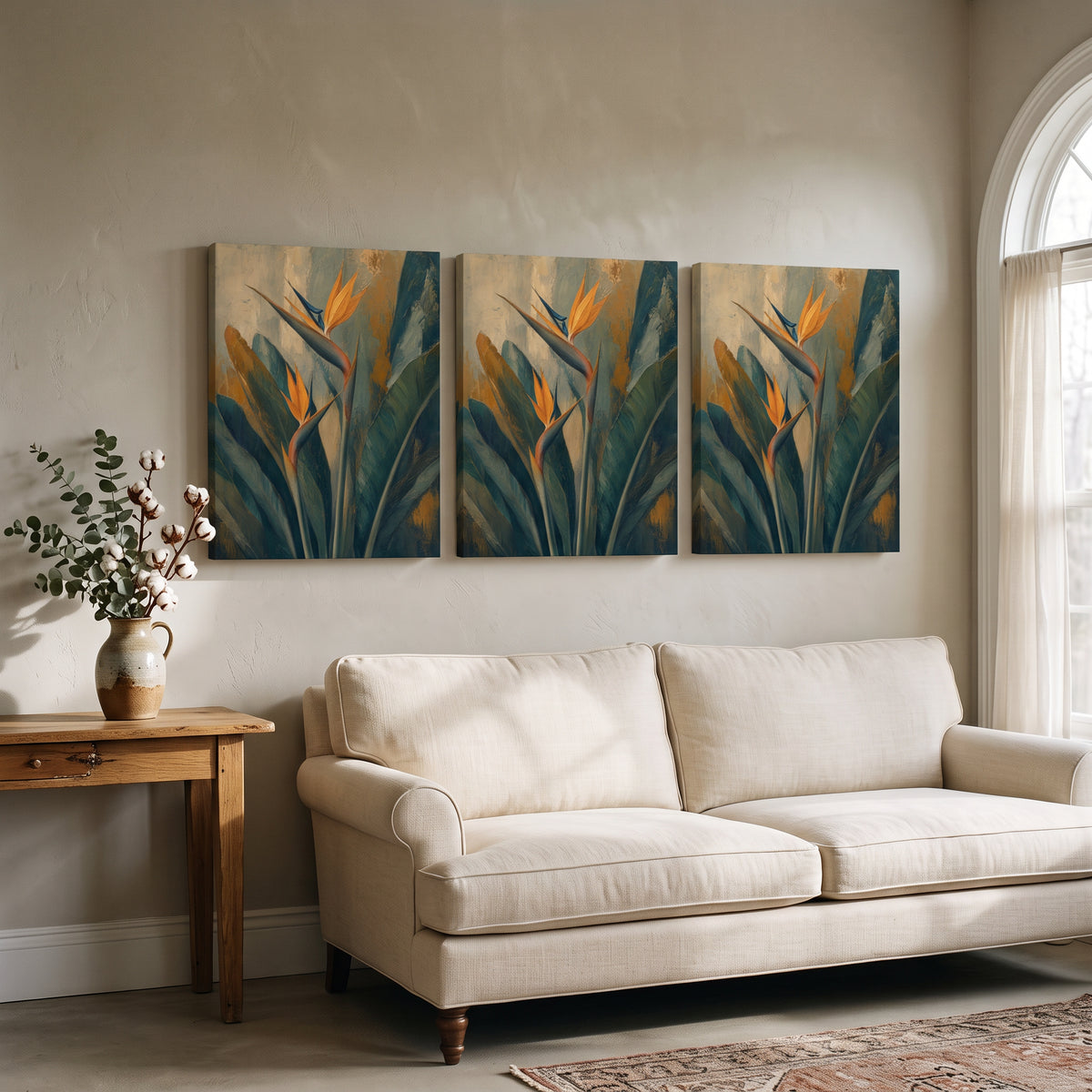 Bird Of Paradise Wall Art — bedroom decor, bird of paradise, canvas wall art shown on a wall in a styled interior, view C3 (tropical botanical) | BloomWorld Art