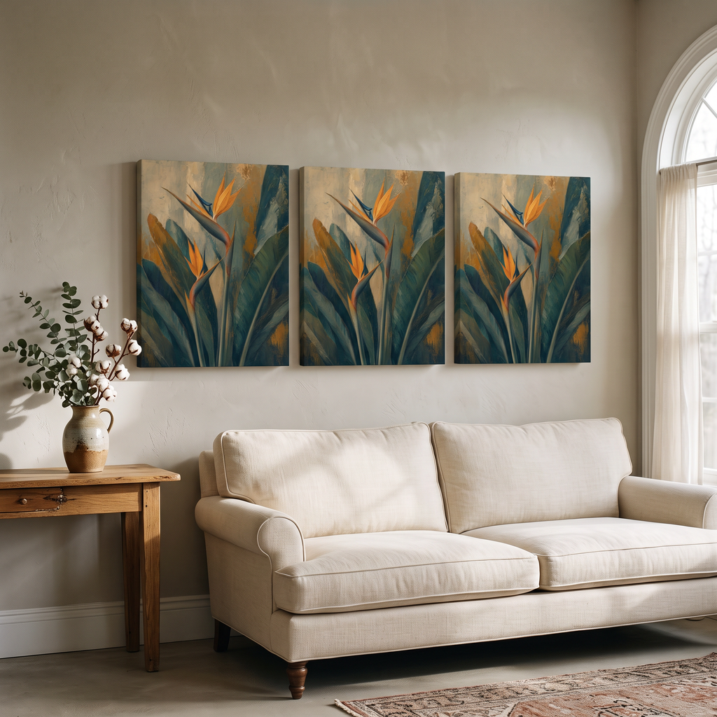 Bird Of Paradise Wall Art — bedroom decor, bird of paradise, canvas wall art shown on a wall in a styled interior, view C3 (tropical botanical) | BloomWorld Art