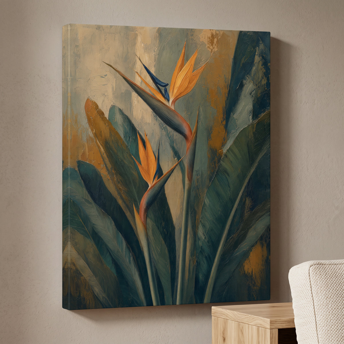 Bird Of Paradise Wall Art — bedroom decor, bird of paradise, canvas wall art shown on a wall in a styled interior, view C8 (tropical botanical) | BloomWorld Art
