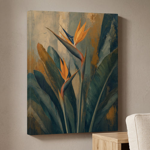 Bird Of Paradise Wall Art — bedroom decor, bird of paradise, canvas wall art shown on a wall in a styled interior, view C8 (tropical botanical) | BloomWorld Art