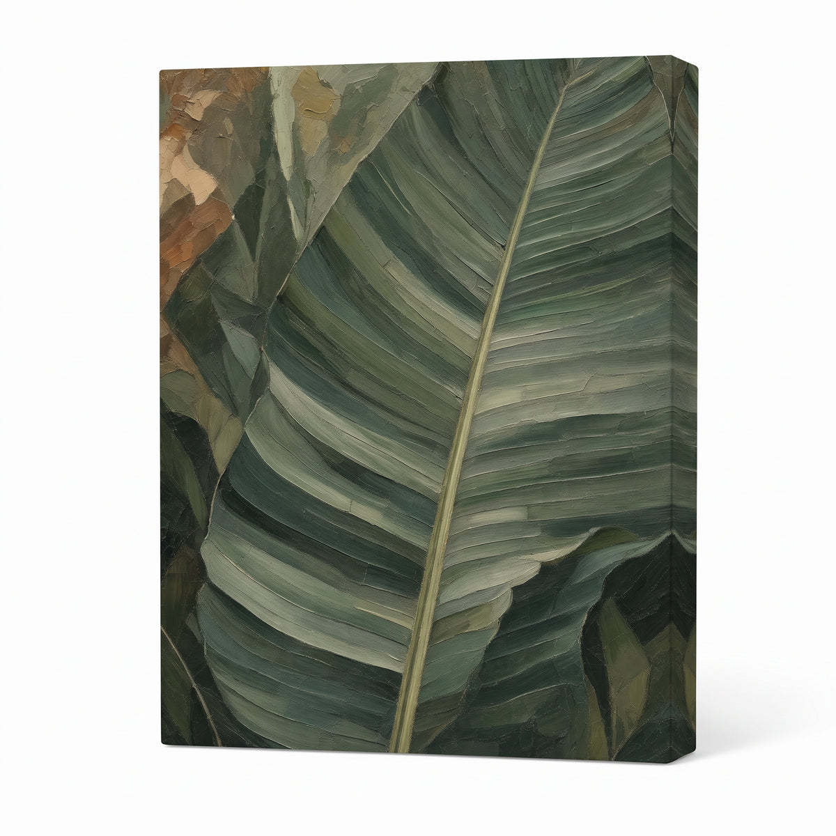 Banana Leaf Wall Art — banana leaf art, bedroom decor, canvas wall art shown on a wall in a styled interior, view C1 (tropical botanical) | BloomWorld Art