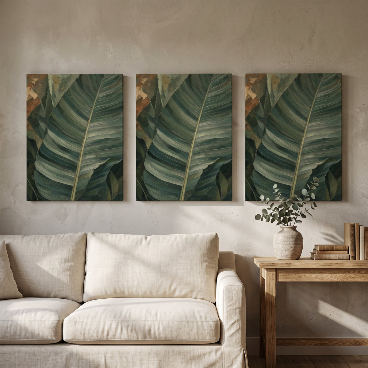 Banana Leaf Wall Art — banana leaf art, bedroom decor, canvas wall art shown on a wall in a styled interior, view C3 (tropical botanical) | BloomWorld Art